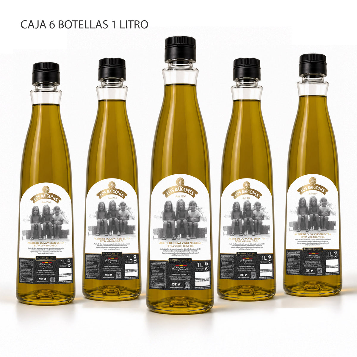 Caja de 6 botellas de 1 litro de aceite de oliva virgen extra Los Raigones