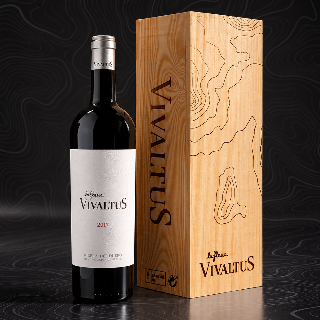 Botella de La Fleur Vivaltus 2017 junto a caja de madera
