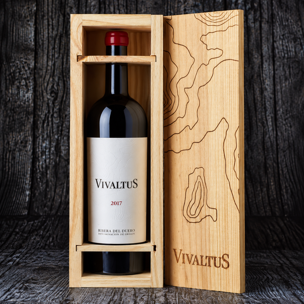 Caja de madera con botella de vino Vivaltus
