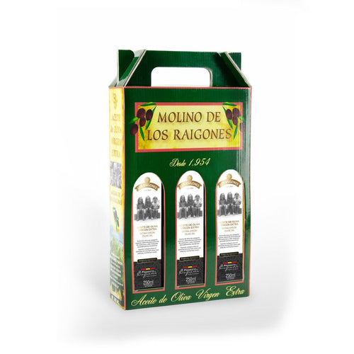Estuche de 3 botellas de vidrio de 250 ml de aceite de oliva virgen extra Los Raigones