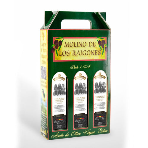Estuche de 3 botellas de vidrio de 500 ml de aceite de oliva virgen extra Los Raigones