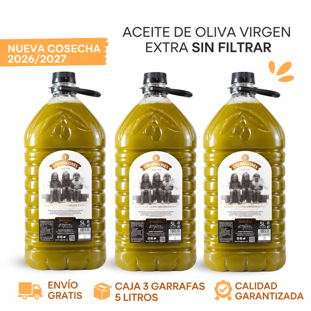 RESERVA Aceite de Oliva Virgen Extra Los Raigones NUEVA COSECHA SIN FILTRAR 2026/27  – Caja 3 garrafas 5 L