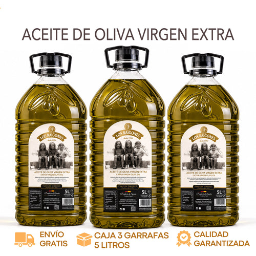 Caja de 3 garrafas de 5 litros de aceite de oliva virgen extra Los Raigones, Montilla (Córdoba)