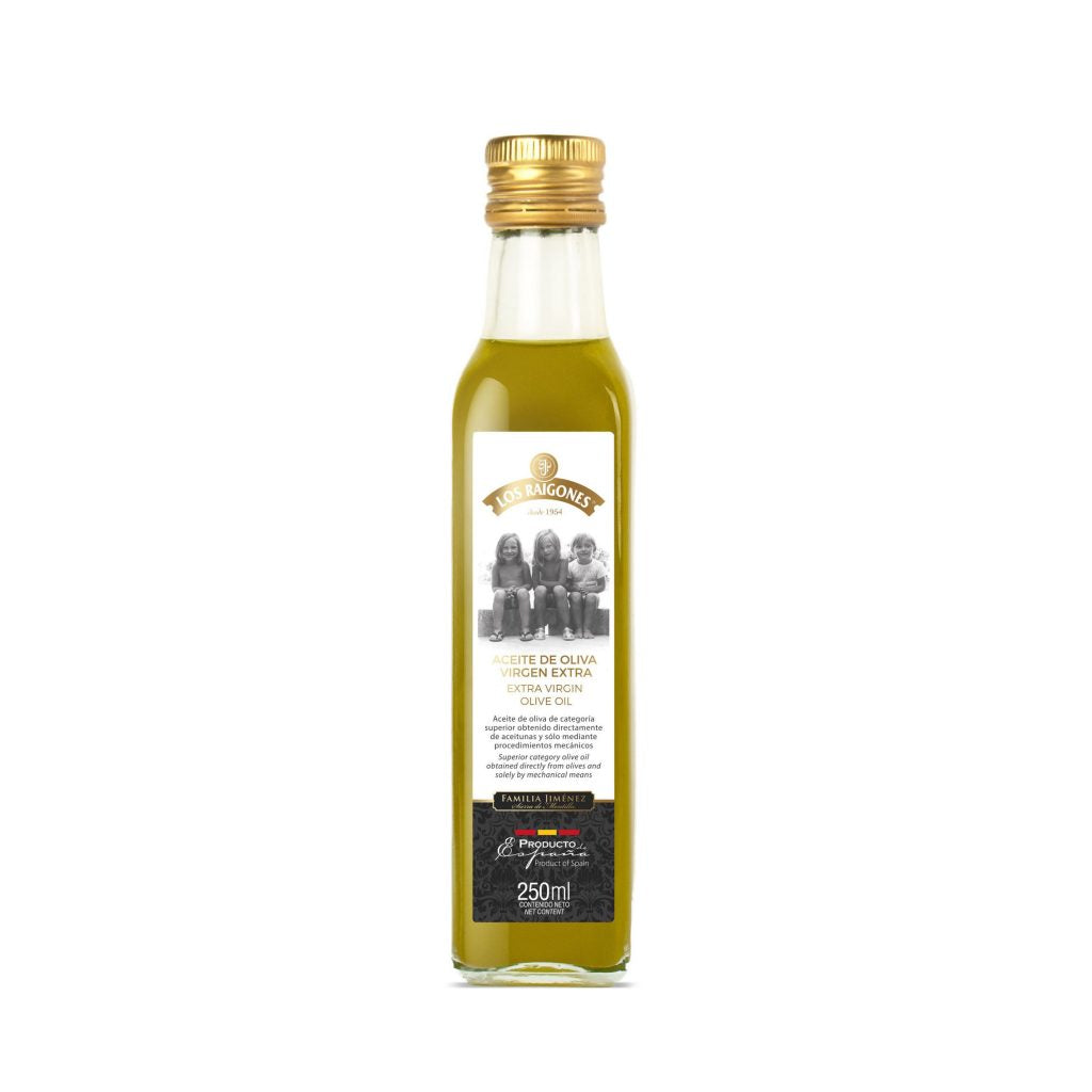Botella de vidrio de 250 ml de aceite de oliva virgen extra Los Raigones