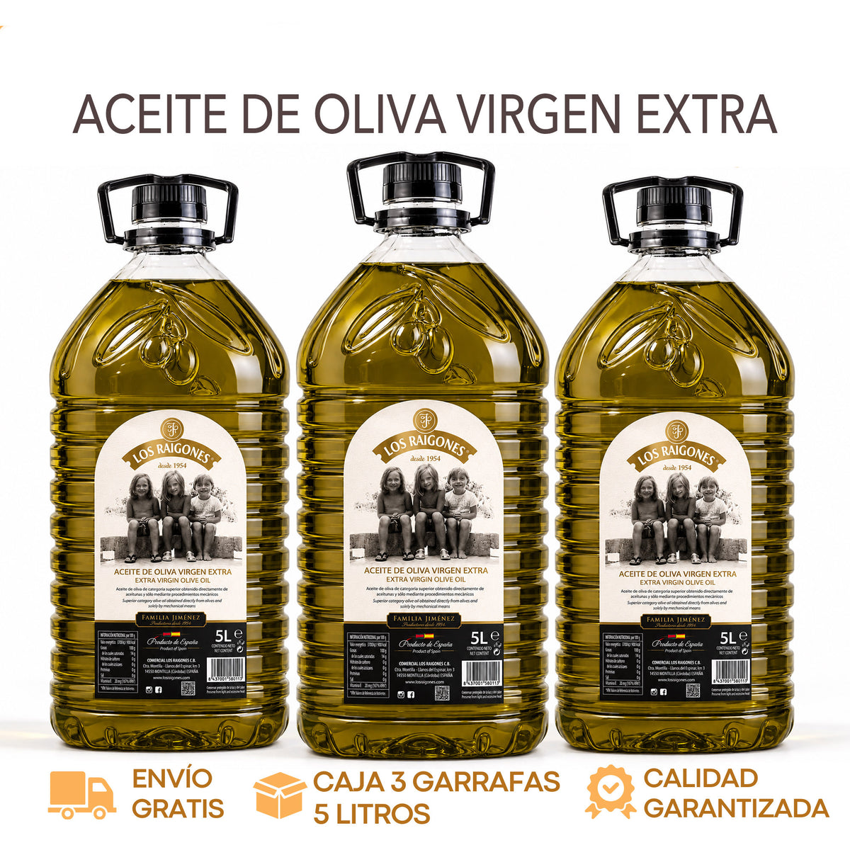 Caja de 3 garrafas de 5 litros de aceite de oliva virgen extra Los Raigones, Montilla (Córdoba)