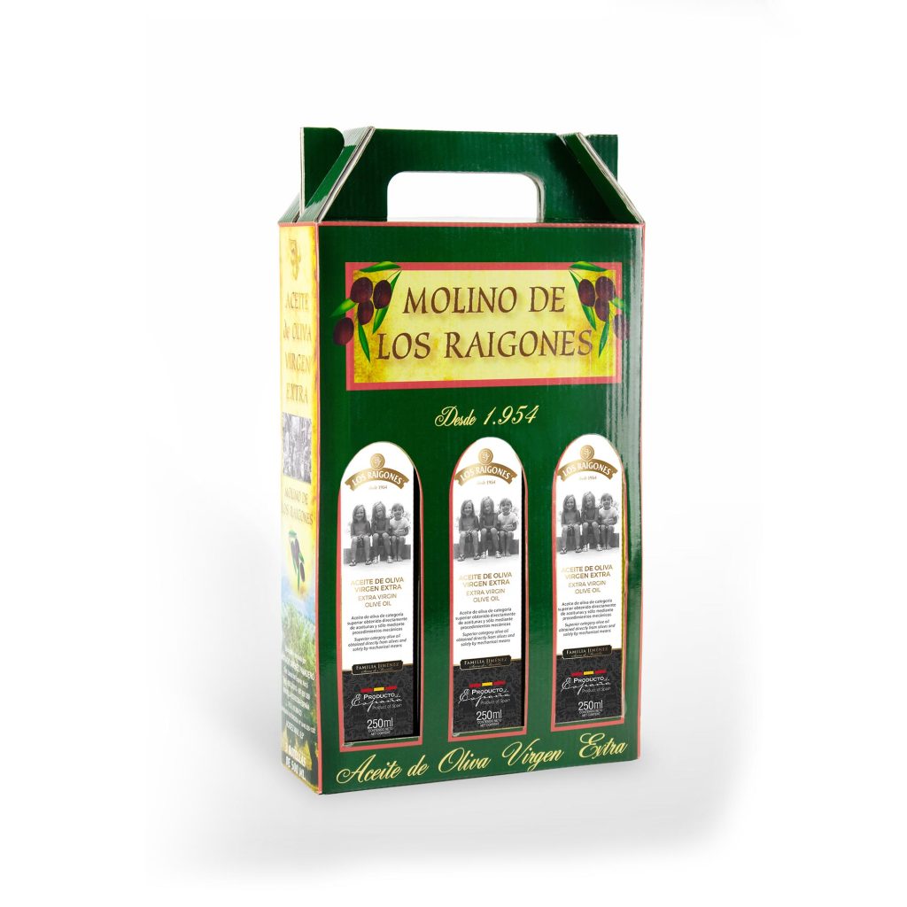 Estuche de 3 botellas de vidrio de 250 ml de aceite de oliva virgen extra Los Raigones