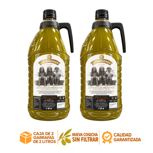 Caja de 2 garrafas de 2 litros de aceite de oliva virgen extra Los Raigones nueva cosecha sin filtrar 2026/27