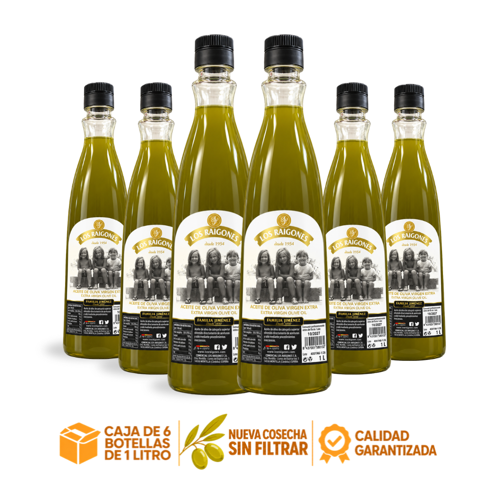 Caja de 6 botellas de 1 litro de aceite de oliva virgen extra Los Raigones nueva cosecha sin filtrar 2026/27