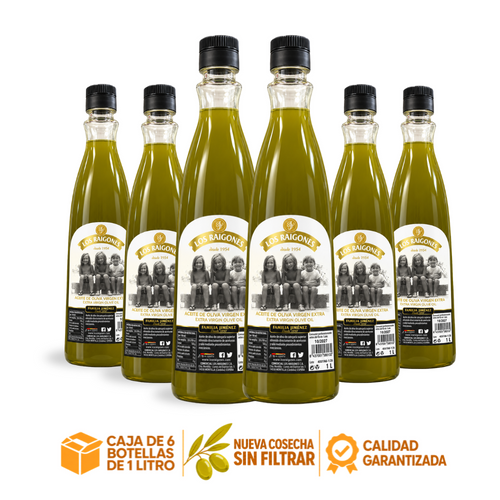 Caja de 6 botellas de 1 litro de aceite de oliva virgen extra Los Raigones nueva cosecha sin filtrar 2026/27