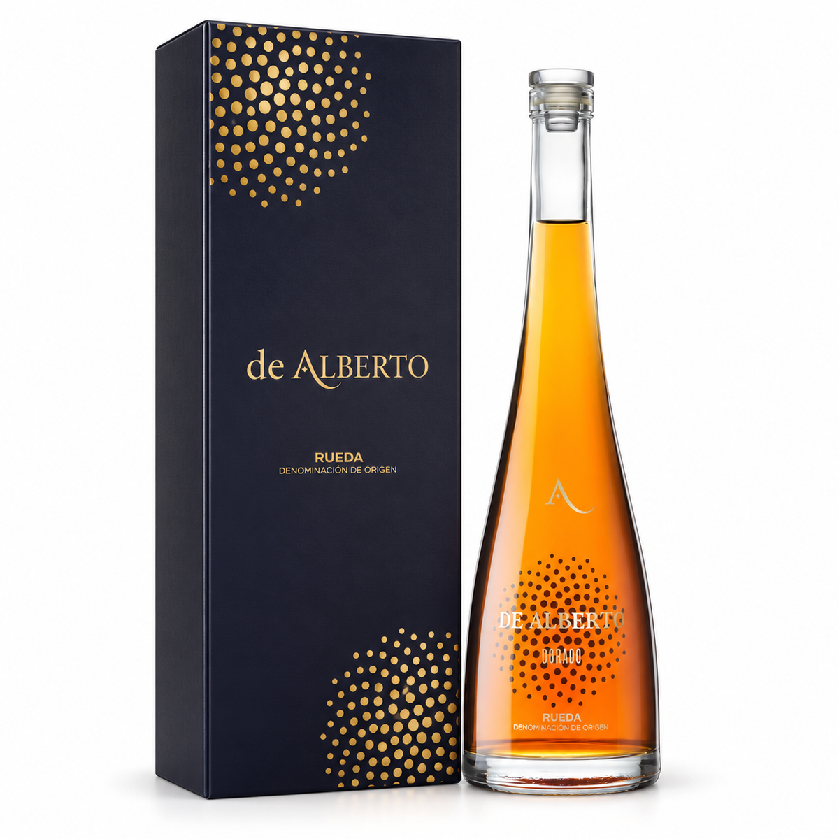 Botella y estuche de De Alberto Dorado, vino dorado D.O. Rueda