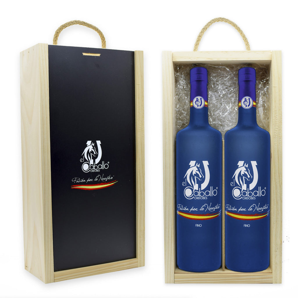 Estuche de madera con 2 botellas de Fino El Caballo Cordobés para regalo