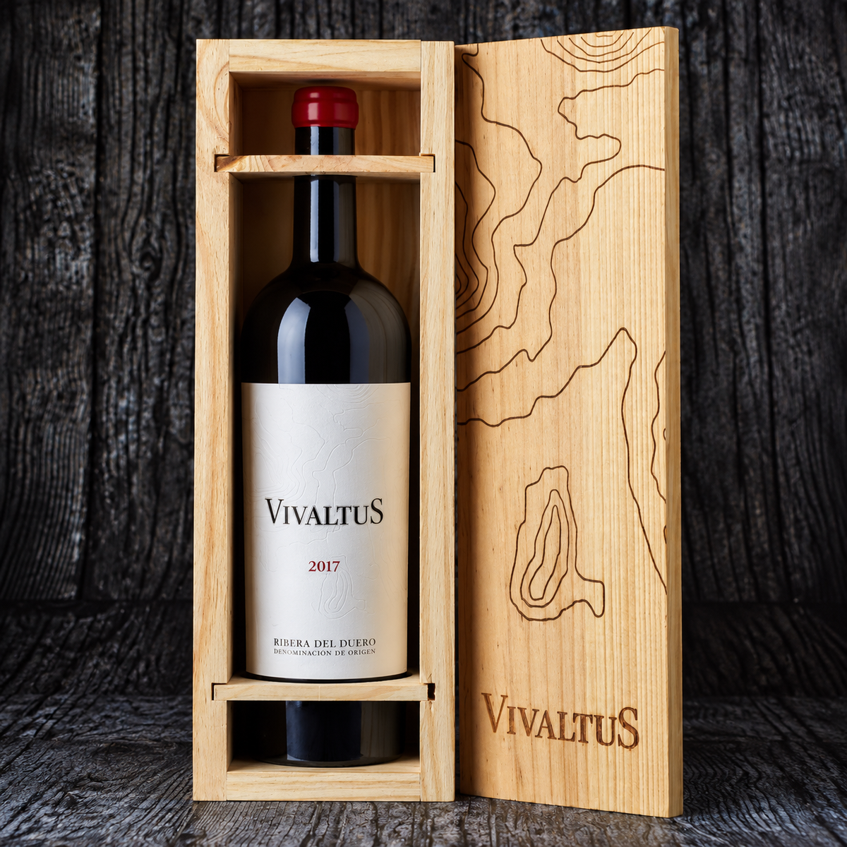 Caja de madera con botella de vino Vivaltus